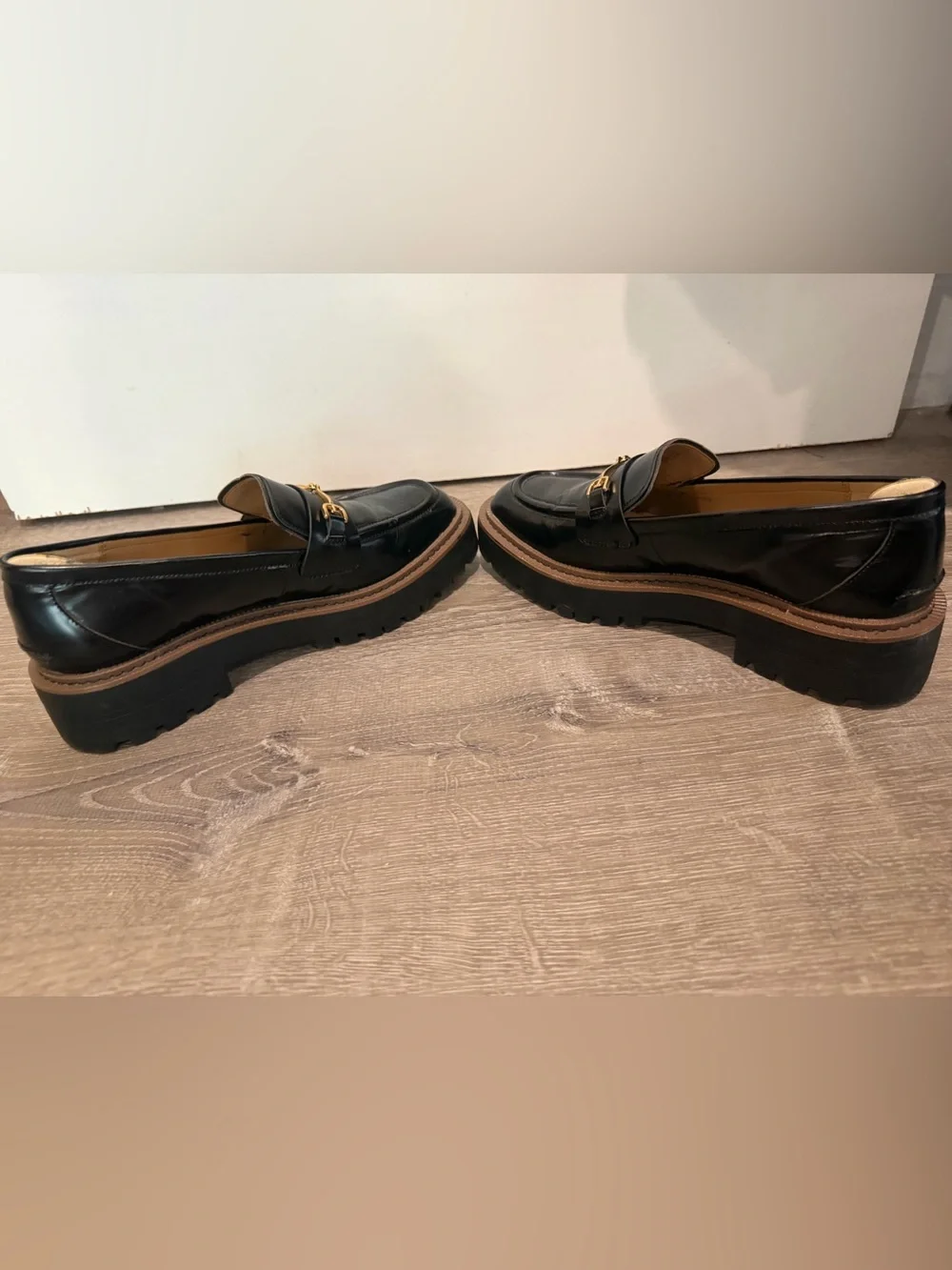 Sam Edelman Black Leather Horsebit Loafers with Brown Soles